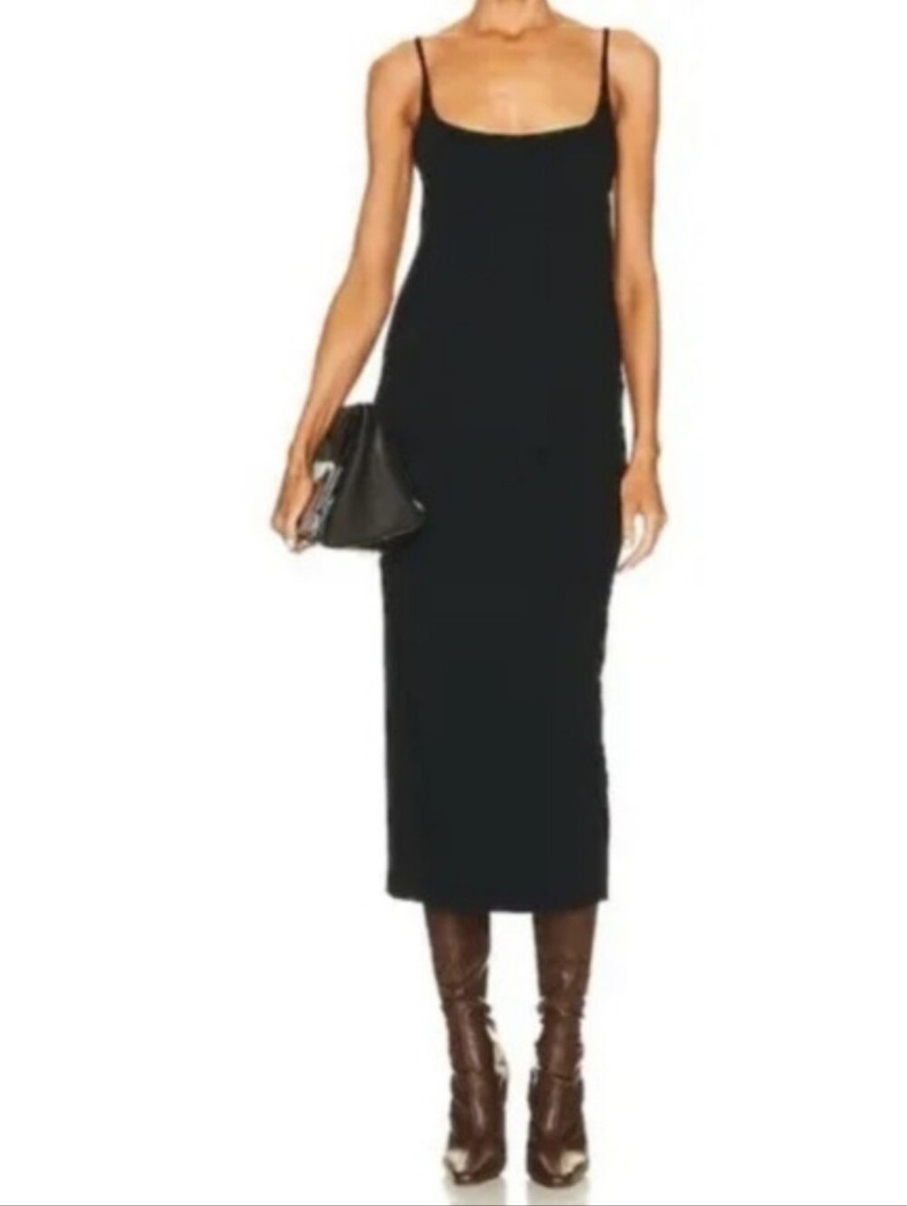SHOREDITCH Black Slip Midi Dress with Spaghetti Straps